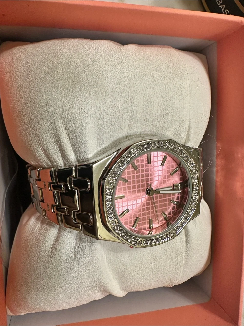 Silver-Tone Women's Watch with Pink Dial and Crystal Accents